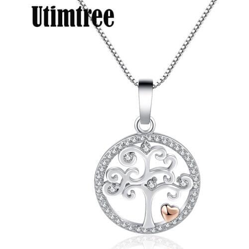 Utimtree Silver Tree of Life Pendants Necklaces With Heart Fashion Box Chain Cubic Zircon Necklace For Women Statement Jewelry
