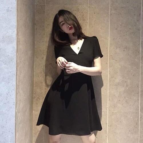 New Fashion Womens Short Sleeve V-Neck High Waist Dress Slim Fit A-Line Knitted Solid Color Dress
