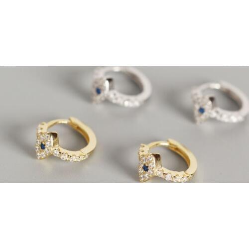 7.5MM TINNY 1Pair small Authentic 925 Sterling silver Blue &White Zirconia Evil Eye Hoop Huggie Earrings FINE jEWELRY TLE628