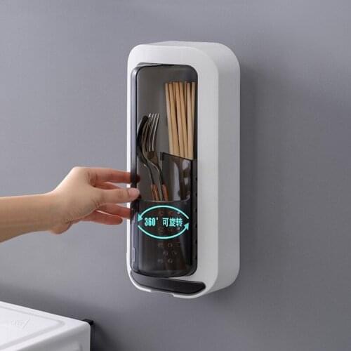 1pcs Transparent Kitchen Storage Boxes Punch-free Wall-mounted Rotatable Double-grid Chopsticks Drain Storage Box Home Storage