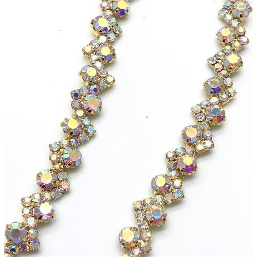 10Yards Bling Gold AB Crystal Rhinestone Trim Crystals Appliques Patch Beaded Trimming For Girl Headbands Dress