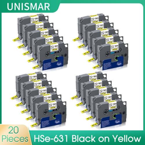 Unismar 20PK 11.7mm HSe-631 Cassette Heat Shrink Tube for Brother P-Touch PT-E300VP PT-E500VP PT-E550W PT-E550WVP Label Maker
