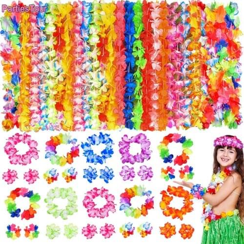 4X Hawaiian Flower Leis Headband Wristbands Tropical Luau Hawaii Necklace Headpiece Bracelets Summer Beach Wreath Garland Decor