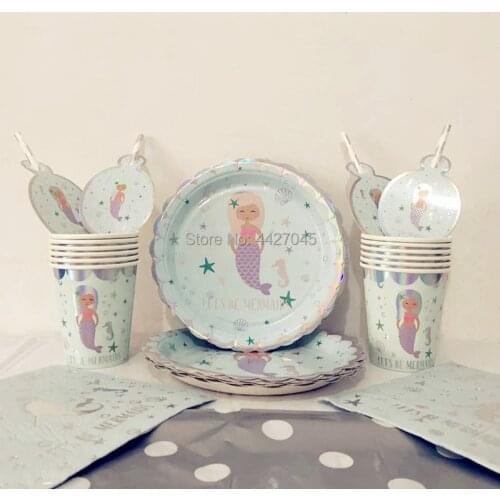 57PCS/set Shiny Silver Lets Be Mermaid Disposable Tableware Sets For Wedding Holiday Birthday Party Supplies Decoration Kid Fav