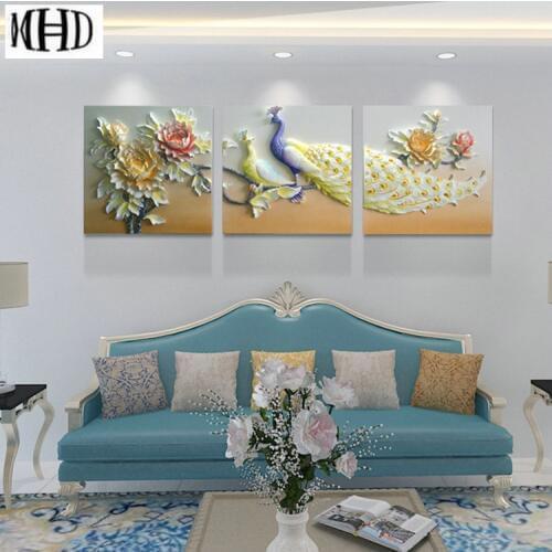 New diy diamond painting peacock flowers triptych & square / round d diamond embroidery mosaic 1 set of 3 animals