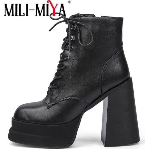 MILI-MIYA 2021 Spring New Lace-Up Ankle Boots Women Thick Bottom Round Toe Genuine Leather Black White All Match Platform Shoes