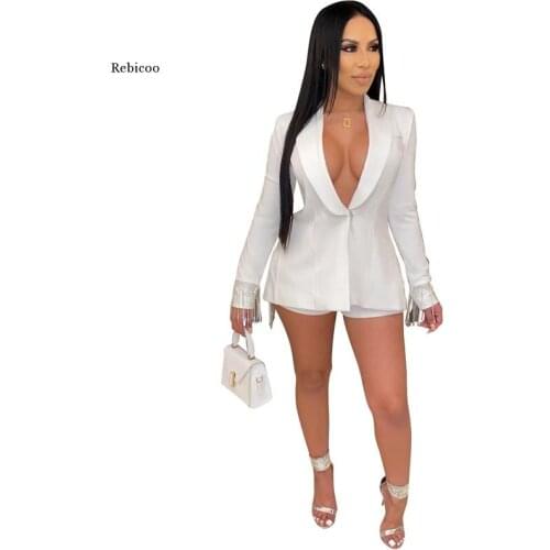 Women Tassel Notched Blazer Tops and Shorts 2 Piece Suit Turn Down Collar Long Sleeve Coat Top + Shorts Business Party Outfits