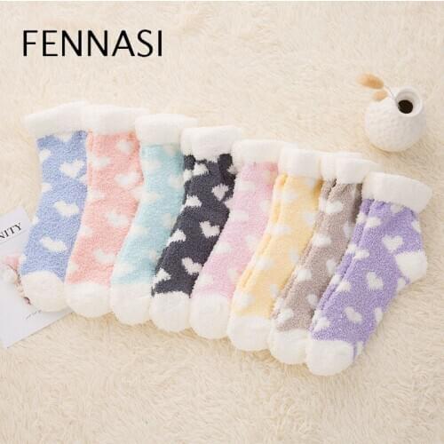 FENNASI 1 Pairs Korean Version Plus Thick Heart Printed Women Cotton Socks Keep Warm Casual Cute Floor Home Socks Christmas Gift