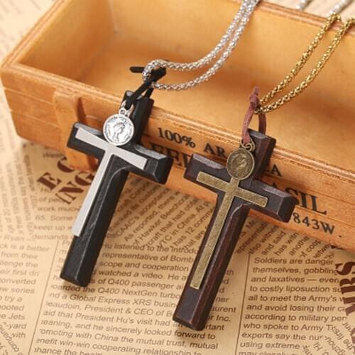 Jesus Christianity wooden cross pendant with cross metal hype necklace for womens Western Christians bless and wish