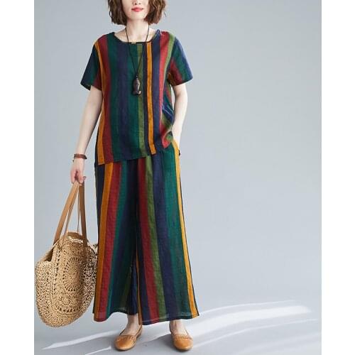 Loose Tops Wide leg pants Two Piece Women Clothes Set Thin Soft Cotton Linen Summer Casual Set Striped Womans Fashion Set Suits