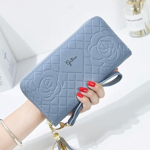 Fashion Women Leather Zipper Tassel Rose Print Wallets Female Long Letter Coin Purses Ladies New Wristband Multi-card Wallets