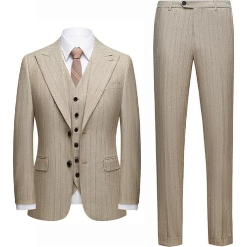 Khaki Striped Men Suits For Wedding Double Splits Mens Pinstripe Suits Costume Homme 3 Pieces Formal High Business Suit Male