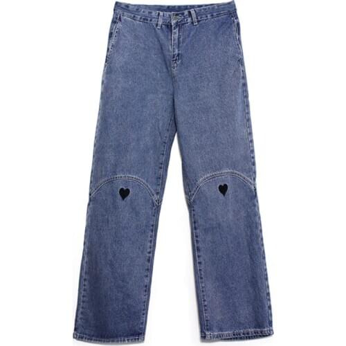 New Jeans Women College Style Jeans Harajuku Love Pattern Embroidery Jeans Loose High Waist Wide Leg Jeans Vintage Man Jeans