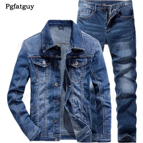 New Solid Mens Sets Simple Blue Denim Jacket and Jeans Spring Autumn Fashion Slim Male Two Piece Set Ensembles Pour Hommes