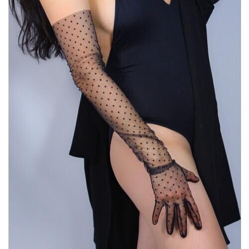 Female Summer Ultra-thin Long Full Finger Mesh Dot Sunscreen Touch Screen Driving Gloves Sexy Lace Anti-UV Cycling Mittens L85