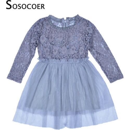 SOSOCOER Baby Girl Dress Spring Autumn Lace Long Sleeve Kids Dresses Flower Girl Princess Party Dress Gray Toddler Girls Clothes