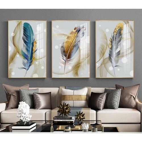 Modern Abstract Light Luxury Simple Golden Feather Living Room Triptych Decorative Painting Canvas Print Blue Poster Home Decor