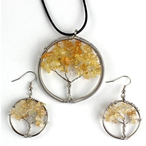 YJXP Silver Plated Handmade Wire Wrap Tree of Life Pendant Necklace Natural Yellow Citrines Drop Earrings for Women Jewelry Sets