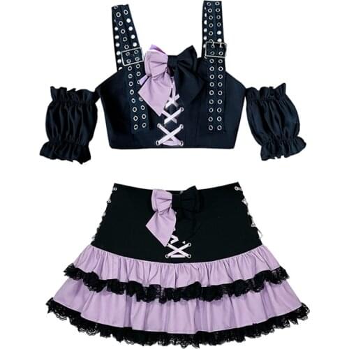 Japanese Harajuku Girls Black Violet Skirt Punk Sweet Fashion Kawaii Lolita Cake Mini Skirts Cosplay Bandage Color Matching Suit