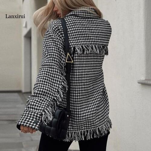 Women jacket coat spring new fashion lattice long-sleeved warm shirt jacket fashion tassel casual street women jackets