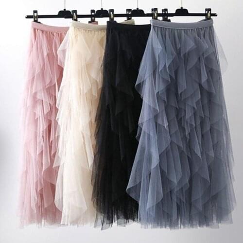 Princess Fairy Women High Waist Irregular Multi-layer Tulle Maxi Cake Skirt