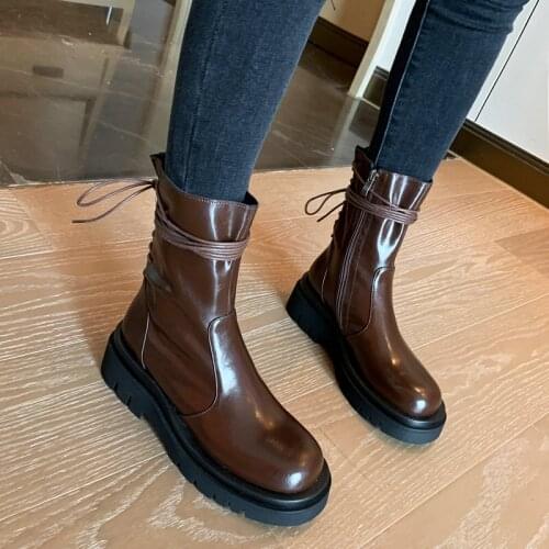 Fashion Motorcycle Boots Genuine Leather Chunky Heels Shoes for Women Cross Tied Working Party Shoes Woman Winter