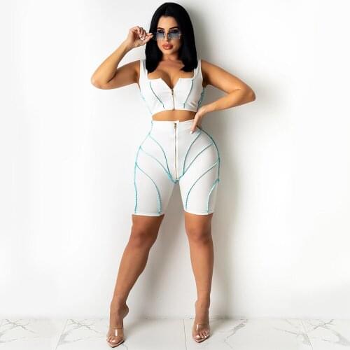 Summer Striped Patchwork Womens Set Zipper Up Sleeveless Tank Crop Top and Workout Biker Short Two Piece Sweatsuit Streetwear