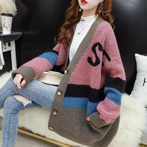 Fad Autumn Deep V-Neck Woman Knitted Sweater Long Sleeve Female Cardigans with Buttons Letter Print Casual Loose Ladies Sweater