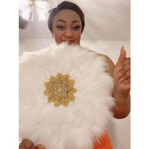 Esewing 1Pc/bag 2020 New style Double-Side African Soft Feather Hand Fan and Gold Handle Dance Fans for Party Or Wedding