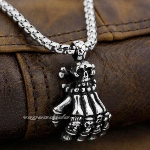 316L Stainless Steel Hand Skull Pendant Mens Biker Rocker Punk Style 4R022 Steel Necklace 24inch