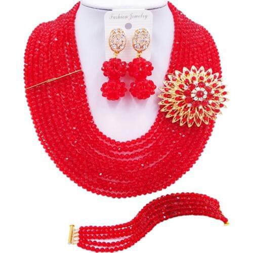 ACZUV Red African Jewelry Set Nigerian Beads Bridal Party Jewelry Sets for Bridesmaids Brides 10C-DS004