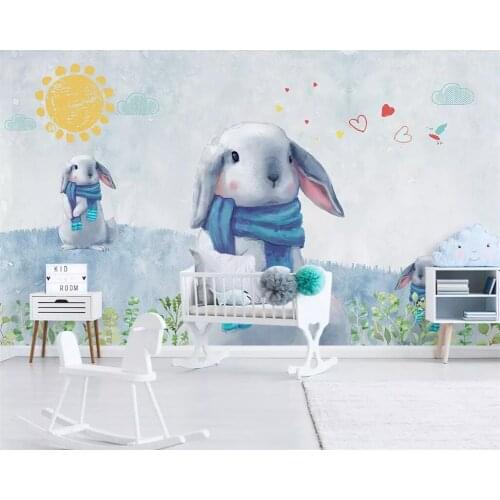 Beibehang Custom wallpaper Nordic hand-painted cute rabbit childrens room background wall home decoration mural 3d wallpaper
