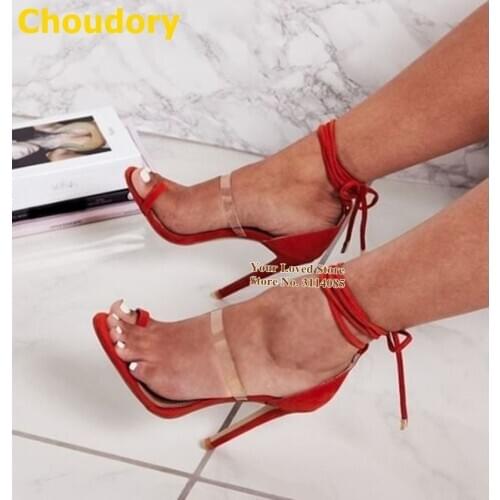 Choudory Red Black Suede Flip-toe Sandals Lace-up High Heel Shoes Transparent Clear PVC Patchwork Pumps Size47 Women Summer Shoe