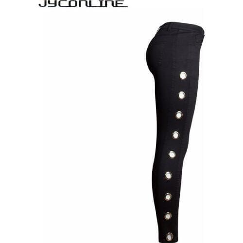 JYConline Side Hole Black Skinny Jeans Woman Plus Size Slim High Waist Jeans For Women Metal Eyelets Hollow Out Long Jeans Pants