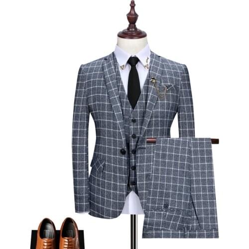 Jackets+Vest+Pants) 2021 Male pure cotton plaid business Blazers/Mens slim fit three-piece suit/Man groom dress Gray blue 3XL