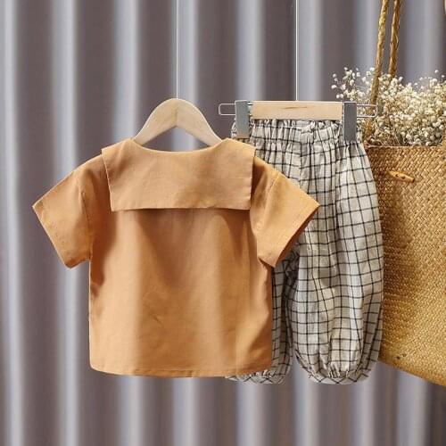 Girls' summer clothes 2021 western style new style cotton and linen western style middle and small children suit Korean version