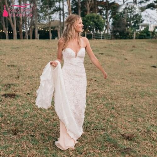 Sweetheart Lace Wedding Dresses Mrmaid Sweep Train Boho Bridal Gowns Zipper With button Charming Vestido De Noivas ZW453