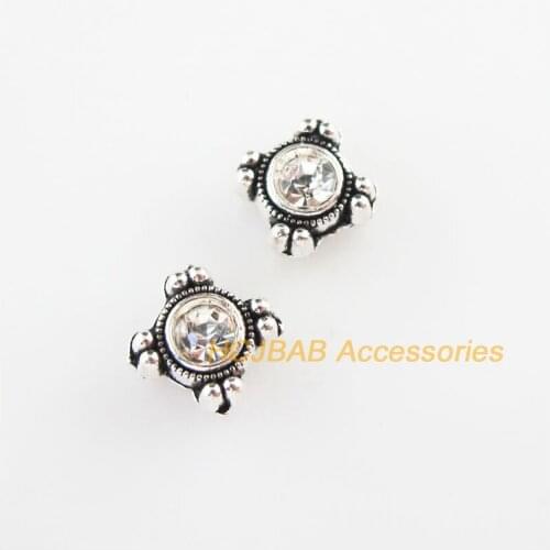 Fashion 30Pcs New Tiny Flower Charms Tibetan Silver Tone Clear Crystal Spacer Beads 7mm