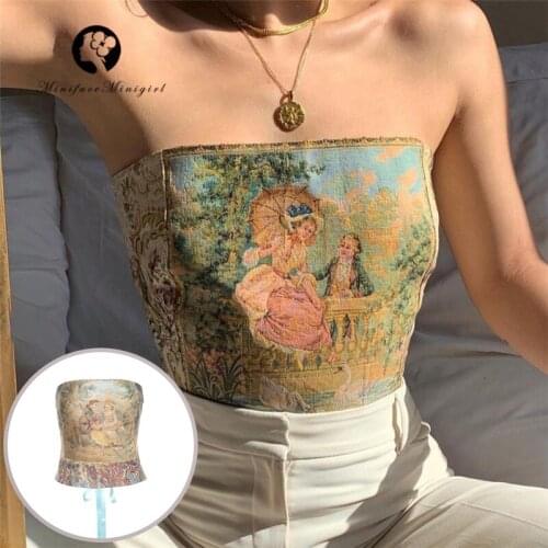 Fashion Retro Painting Print Corsets Tops Women Back Cross Lace Up Tube Top Vintage Aesthetic Tees Off Shoulder Slim Sexy Tanks