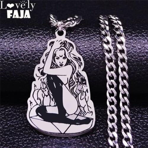 Fashion Witch Pentagram Stainless Steel Necklace for Women Black Silver Color Necklace Chain Jewelry bijoux femme N4044S03
