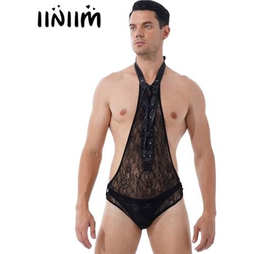 Mens Lingerie See-through Leotard Bodysuit Underwear Floral Lace Deep V Sexy Bodysuit Halter Lace-up Open Butt Sissy Nightwear