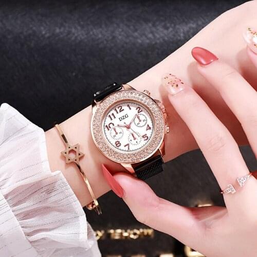 New DZG Classic Rhinestone Strap Rose Gold Case Large Number Faceted Temperament Womens Watch