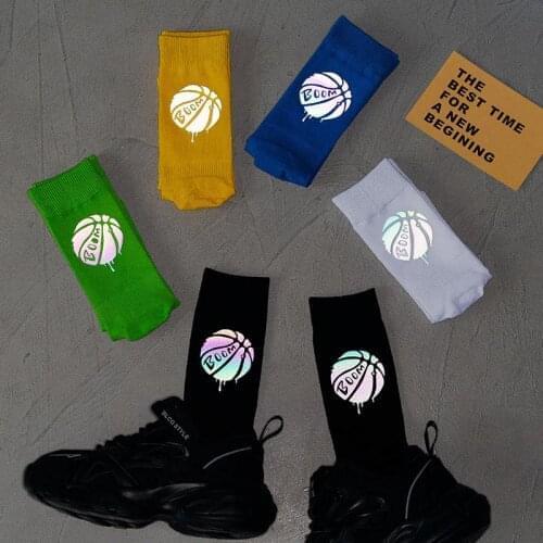 New Night Reflect Light Men&Women Sock Funny Black White Harajuku BOOM Basketball Hip-hop Sock for Lover Skateboard