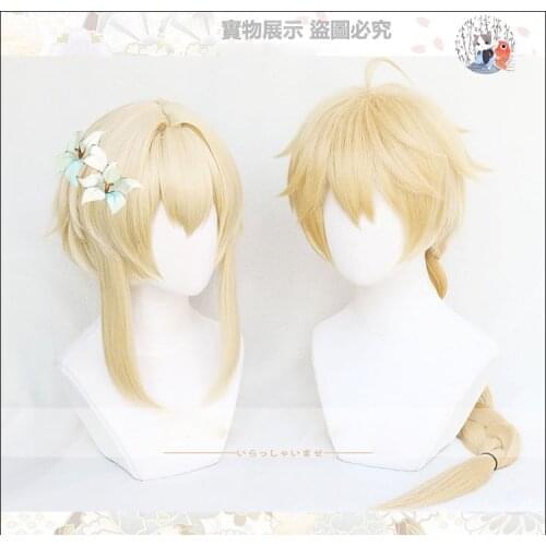 Genshin Impact Lumine Aether Traveler Player Wigs Golden Heat Resistant Synthetic Hair Role Paly Cosplay Wig + Wig Cap