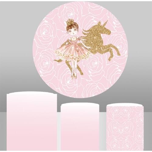 Pink gold unicorn princess Round circle background baby shower Backdrop newborn birthday Party table banner plinth covers YY535
