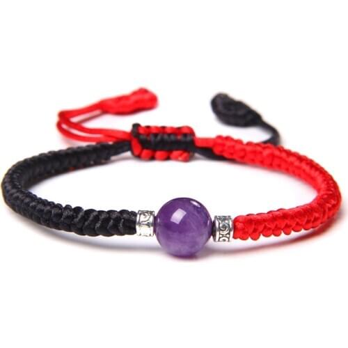 Handmade Black and Red Rope Braided Couples Bracelet Natural Amethysts Quartz Crystal Beads Charm Bracelet Jewelry for Women Men