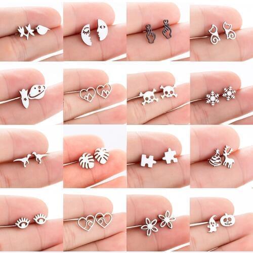 Hfarich Stainless Steel Tree Moon Cat Bird Dinosaur Snowflake Flower Earings Women Earring Studs For Girls New Year Gift