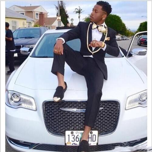 Navy Blue One Button Groom Wear with Gold Shawl Lapel Two Pieces Wedding Suit Custom Made Men Suits 2020 (Jacket+Pants+Tie)