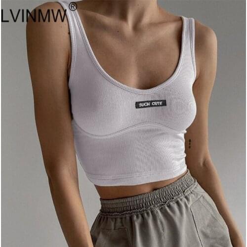 LVINMW Tank Tops Screw Thread Sleeveless Navel Causal Summer Cloth Straps Letter Labeling Solid Slim Crop Top Knitted Patchwork