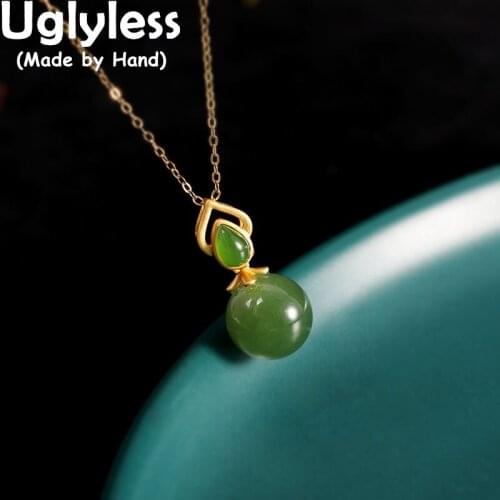 Uglyless Simple Gemstones Balls Necklaces for Women Real 925 Silver Pendants Necklaces Natural Jasper Green Jade Jewelry +Chains